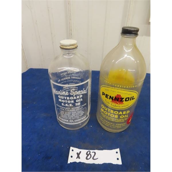 2 Glass Quart Outboard Motor Oil; 1) Marine Special ( Warden Oil Company) , 1) Pennzoil