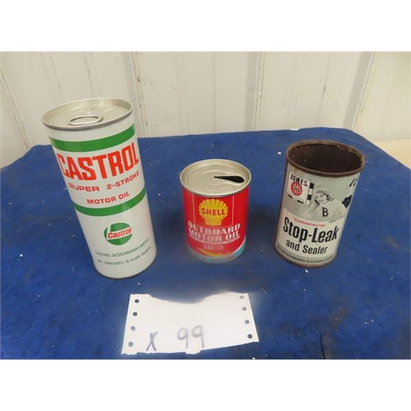 3 Tins; 1) Castrol 16oz, 1) Shell Outboard 8oz, 1) Bowes Stop-Leak 11oz