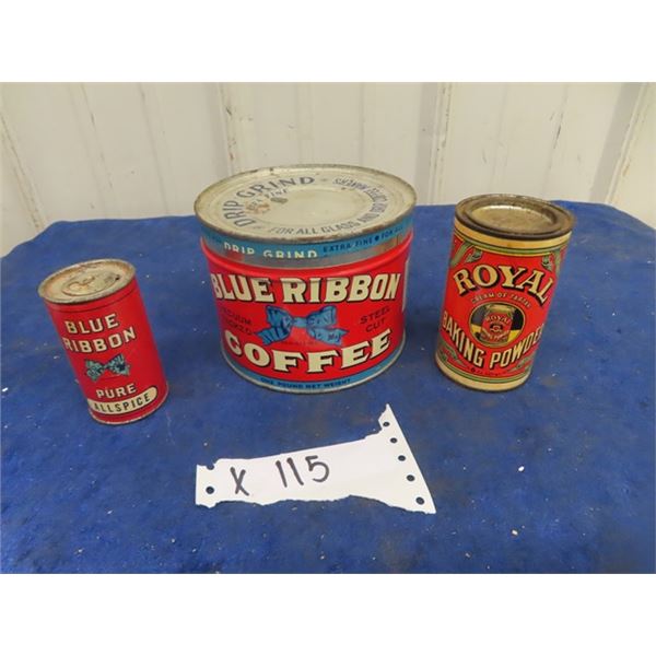 3 Tins; 1) Royal Baking Powder 6oz, 1) Blue Ribbon Pure All Spice 1.5 ...