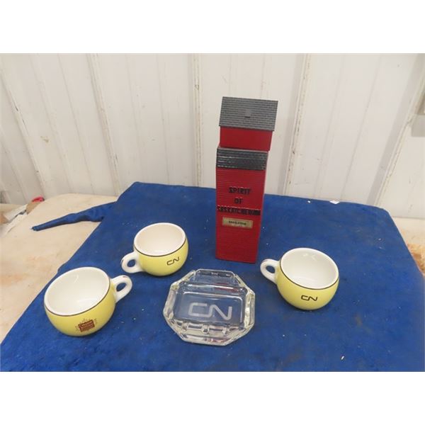 3 CN Cups,  Ashtray & Grain Elevator Decanter