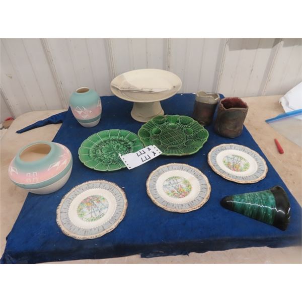 Pottery Vase + Tray, 3 Silver Birch Royal Albert Plates plus more