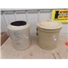 Image 1 : 2 Crocks; 1) 5 Gal Red Wing with Top Cut Off 1) Medalta 5 Gal with Lid