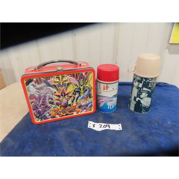 Modern Metal Lunch Kit Yu-Gi-OH & 2 Vintage Thermos; 1) 1966 Flipper, 1) 1960 Marine