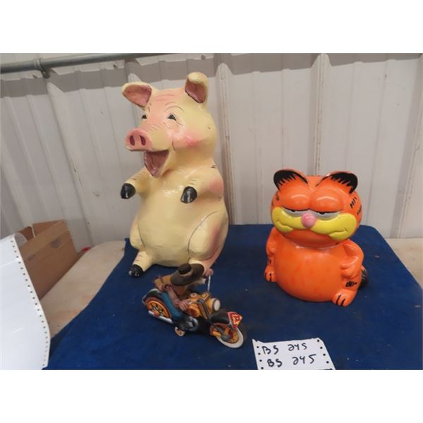 Piggy Bank, Garfield Cookie Jar & Biker Decor