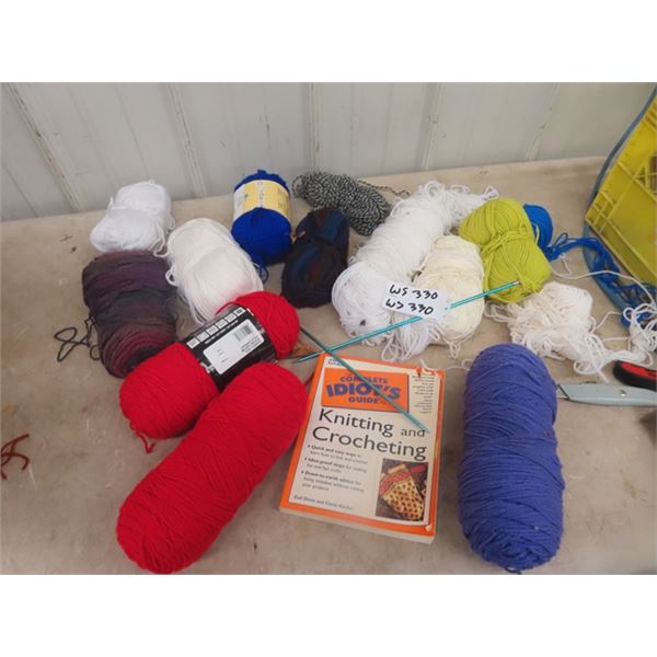 Approximately 10 Knitting Yard Skeins, Book & Needles