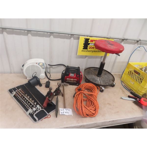 Auger Bits, Electrical Heater, Extension Cords, Booster Pack with NO Power Cord, Shop Stool with Tea