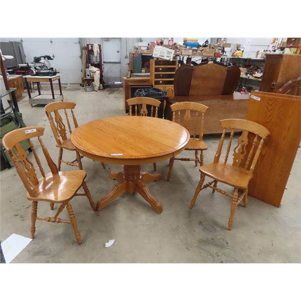 Oak Pedestal Table 30" Tall x48" + 20" Leaf & 5 Chairs