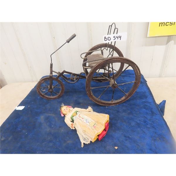 Vintage Wood+ Iron Doll Carriage with Doll