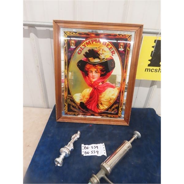 Vintage Framed Olympia Beer Advertisinng Mirror 20  x 16 , Vintage Okeefe Beer Keg Tap Handle 7.5  L