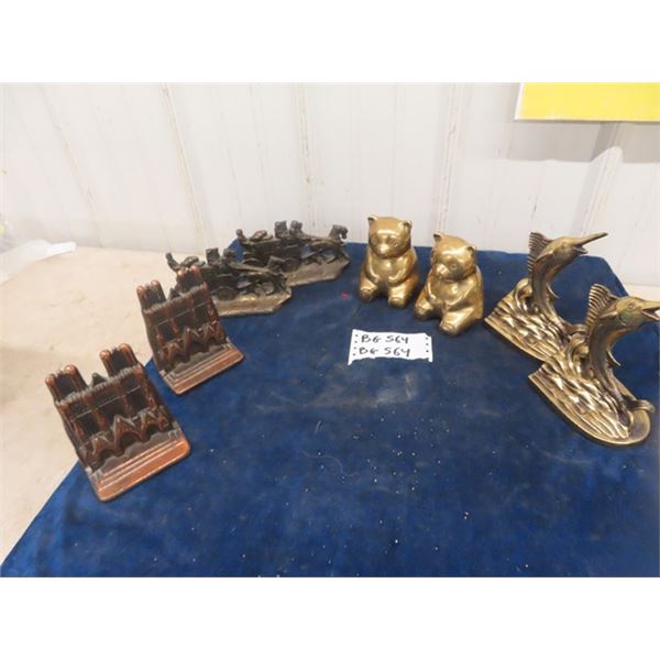 4 Sets of Vintage Brass + Glass Cast Iron Bookends Teddy Bears are Birks Brass