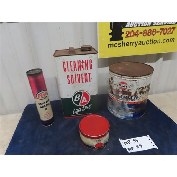 4 Oil Tins ; Ba Solvent 1Gal, Huskie Grease 1 LB, Esso Grease Tub, Gulf Antifreeze with Product - Sc