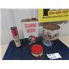Image 1 : 4 Oil Tins ; Ba Solvent 1Gal, Huskie Grease 1 LB, Esso Grease Tub, Gulf Antifreeze with Product - Sc