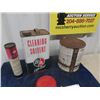 Image 5 : 4 Oil Tins ; Ba Solvent 1Gal, Huskie Grease 1 LB, Esso Grease Tub, Gulf Antifreeze with Product - Sc