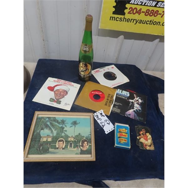 Elvis 45 Records, 1978 Elvis Labelled Wine Bottle & Kennedy Photo