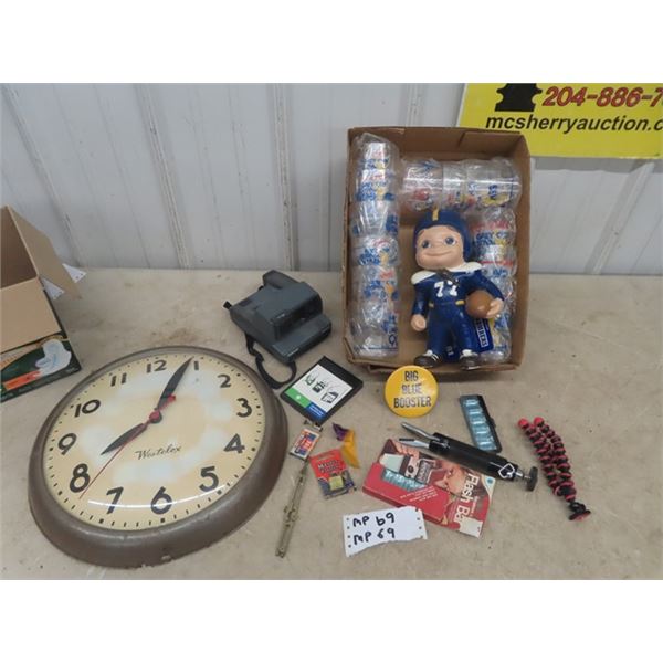 Chalkware Football Player, Big Blue Bottle, Poleroid Camera, Westclox Wall Clock