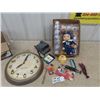 Image 1 : Chalkware Football Player, Big Blue Bottle, Poleroid Camera, Westclox Wall Clock