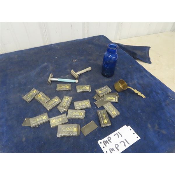 Old Razor + Blades in Packages, Nabob Scoop, Seltzer Cobalt Bottle