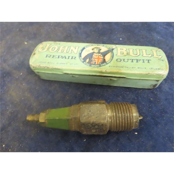 3 Vintage Items; Tire Gauge, Spark Plug & John Bull Repair Tin