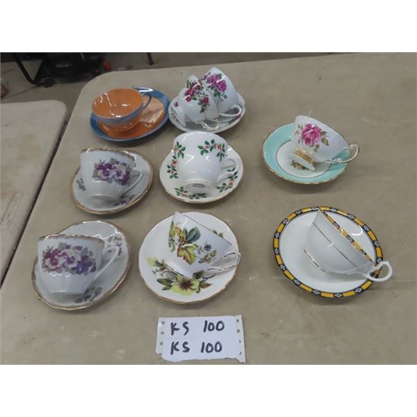 8 China Cup + Saucer Pairs ; Royal Vale, Aynsley, Sadler plus others