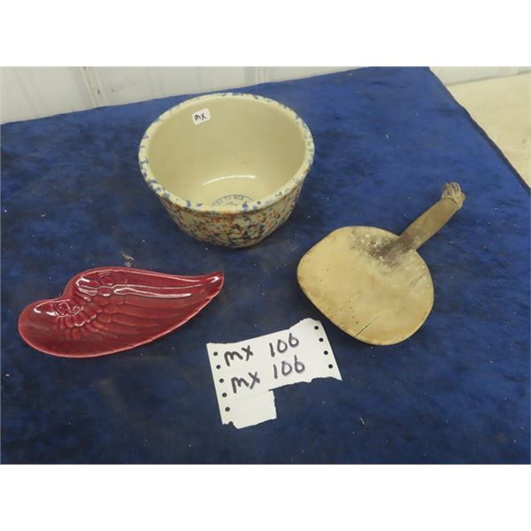 Butter Mold Paddle, Red Wing Ash Tray, Bowl with Spongeware Advertising