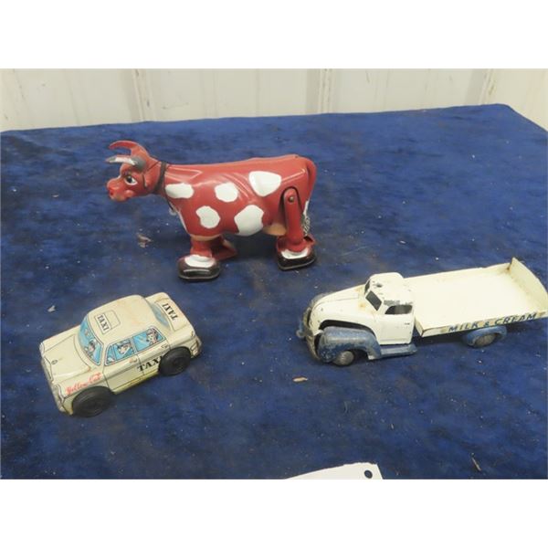 Tekno Denmark Die Cast Milk Truck, Tin Taxi, Plastic Cow