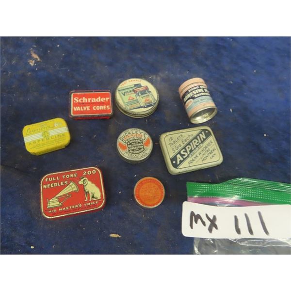 8 Small Tins; Gramaphone Needle, Vicks, Buckley's plus more