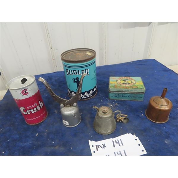 Bugler + Player's Tobacoo Tin, Coleman Funnel, Cap off Small Kettle, Crush Can