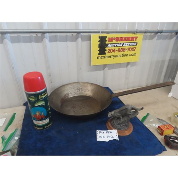Camping Frying Pan 16" Wide, Vintage Aladdin Thermos, Courgar Ornament