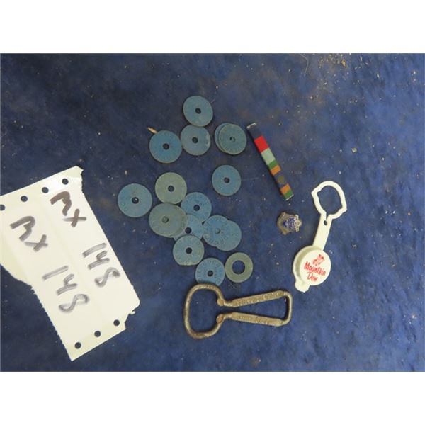 Coke Bottle Opener, Meat Ration Tokens, 2 Year No Accident Pin plus...