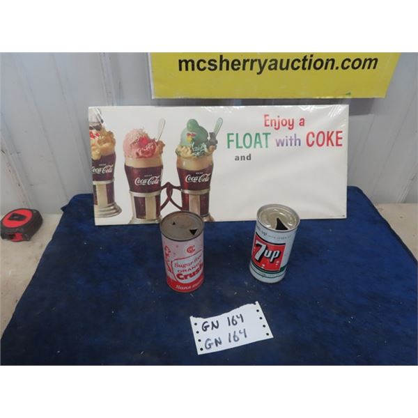 Coke Paper Advertising 9"x 20" , 2 Pop Cans - 7Up+ Orange Crush