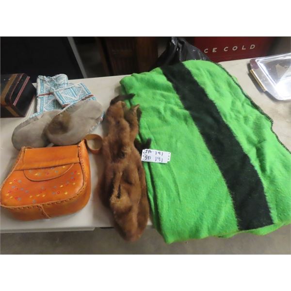 Wool Blanket, Shawl, Leather Purse, Knitted Moccassins