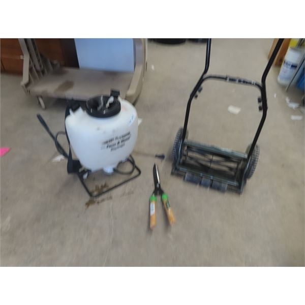 Yard Works Reel Mower, Backpack Sprayer & Clippers