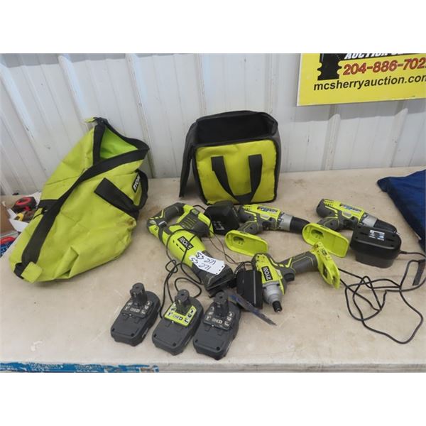 Ryobi 18 Volt Tool Set; Reciprocating Saw, 3 Drills, 3 Batteries, Charger & Soft Case
