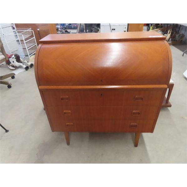 Teak Cylinder Top Desk with 3 Drawers 38"x36"x18"