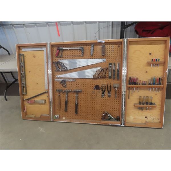 Wall Mount Wood Working Tool Cabinet Full of Tools Saws, Hammer, Chisles, Planer, Level  40" x 45"  