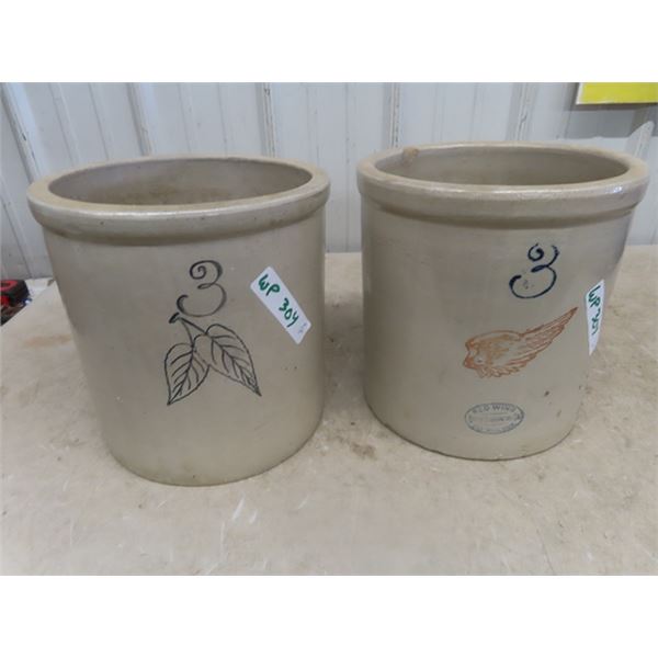 2 Red Wing Crocks; 1) 3 Gal Birch Leaf, 1) 3 Gal Red Wing