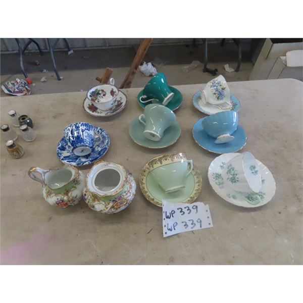 8 China Cup + Saucer Pairs & 1 Cream + Sugar; Shelley, Royal Crown Derby, Anoles plus others