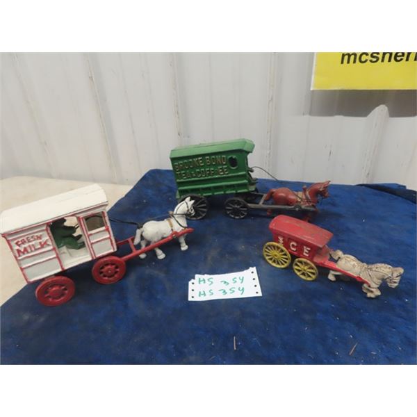 3 Cast Horse with Delivery Wagon- Biggest 12" Long 6" Tall