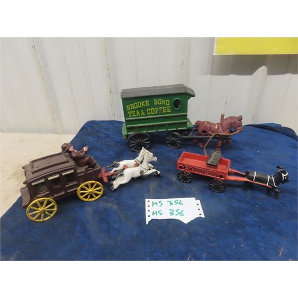 3 Cast Horse + Delivery Wagon- Biggest 12" Long 6" Tall