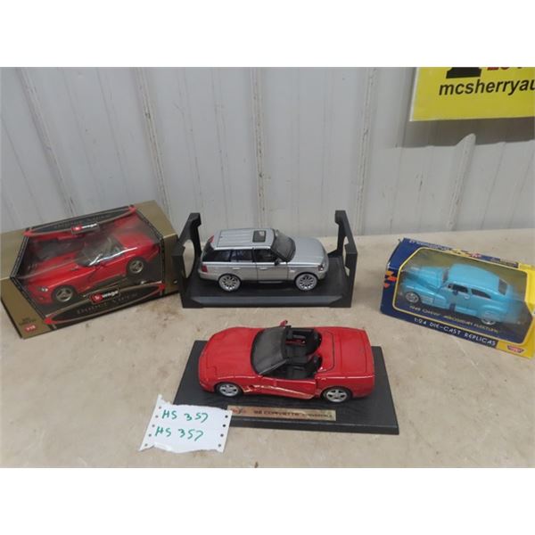 4 Die Cast Cars, 1/18 + 1/24 Scale; 92 Dodge Viper 98 Corvette, 48 Chevy Fleetine, Range Rover