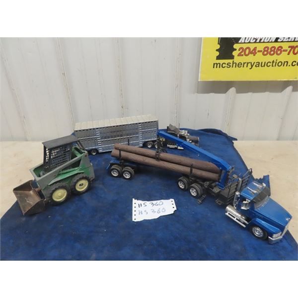 Die Cast John Deere Skid Steer & 2 Plastic Semi Trucks