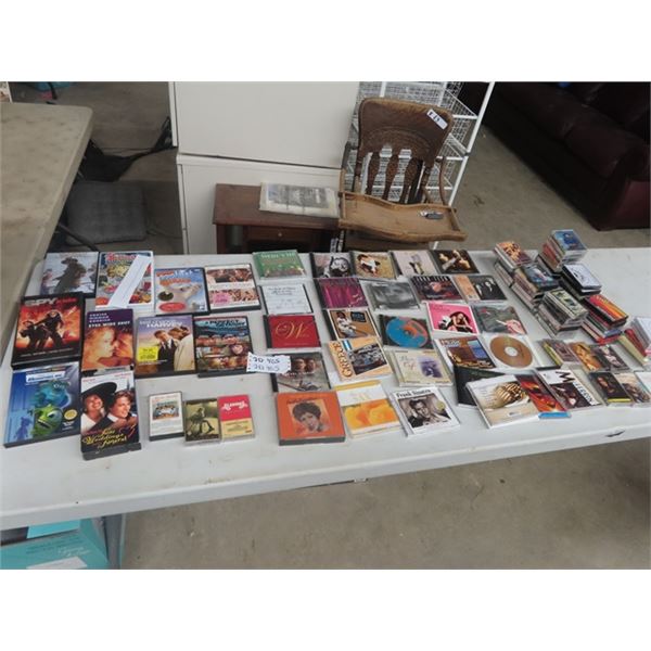 90 Plus Mix of  Musical CDs + Cassettes & DVD + VHS Movies