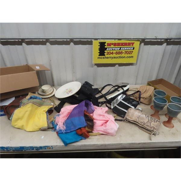 Purses, Hand Bags, Belts 8-12, Beach Sarong, Clay Goblets, 22k Lined Spring British Empire Dishes