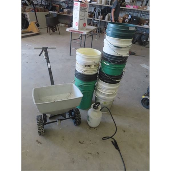 Yard Fertilizer Spreader, Bottle Sprayer, 5 Gal Pails