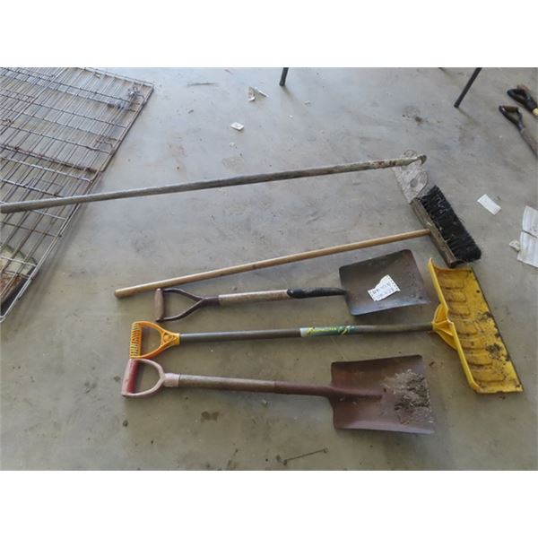 5 Hand Yard Tools; 3 Shovels, Hoe, Push Broom