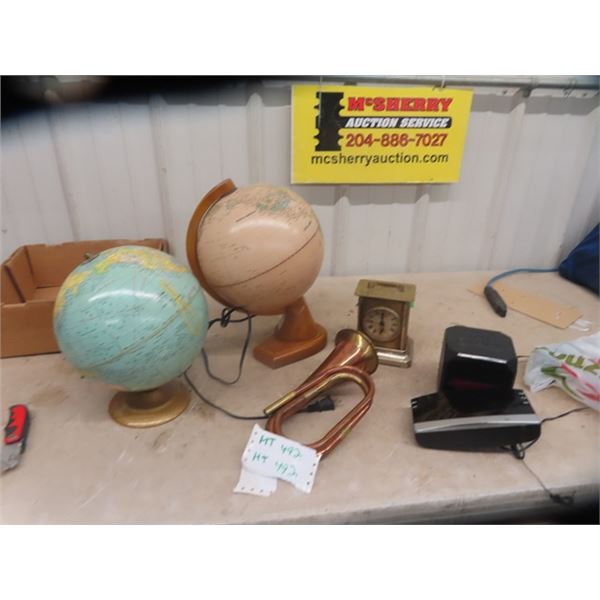 2 Globes, Carriage Clock, Horn, Alarm Clock