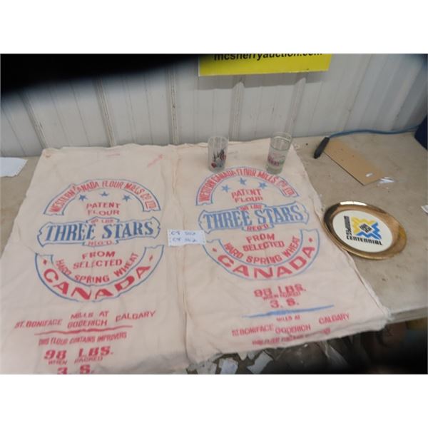 2 Labelled Flour Bags, Centerpiece Platter & Kentucky Derby Glasses