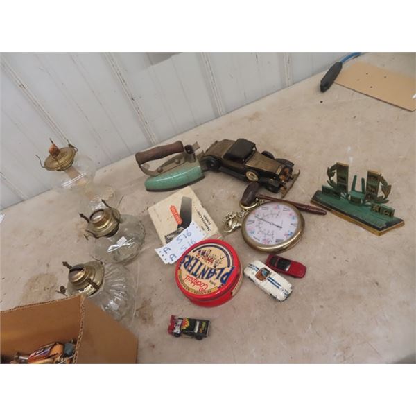 3 Coal Oil Lamps, Radio CAr, Iron & A Bunch of Surprises