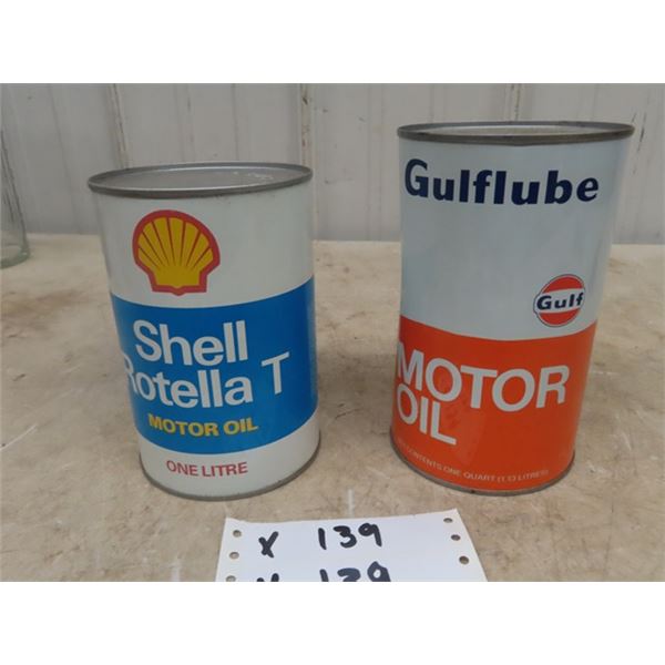 2 Motor Oil Quart Tins; 1) Shell, 1) Gulf