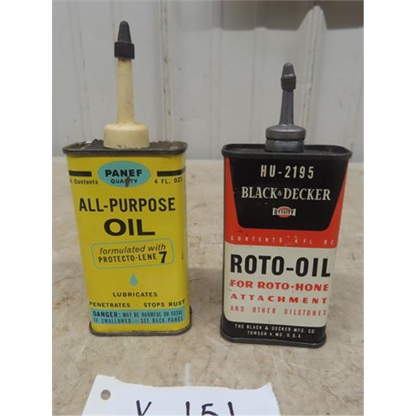 2 Oil Tins; 1) Panef All Purpose Oil 4oz, 1) Black & Decker Roto Oil Oilstone 4oz